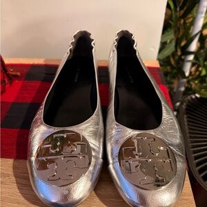 Tory Burch Metallic Silver Flats